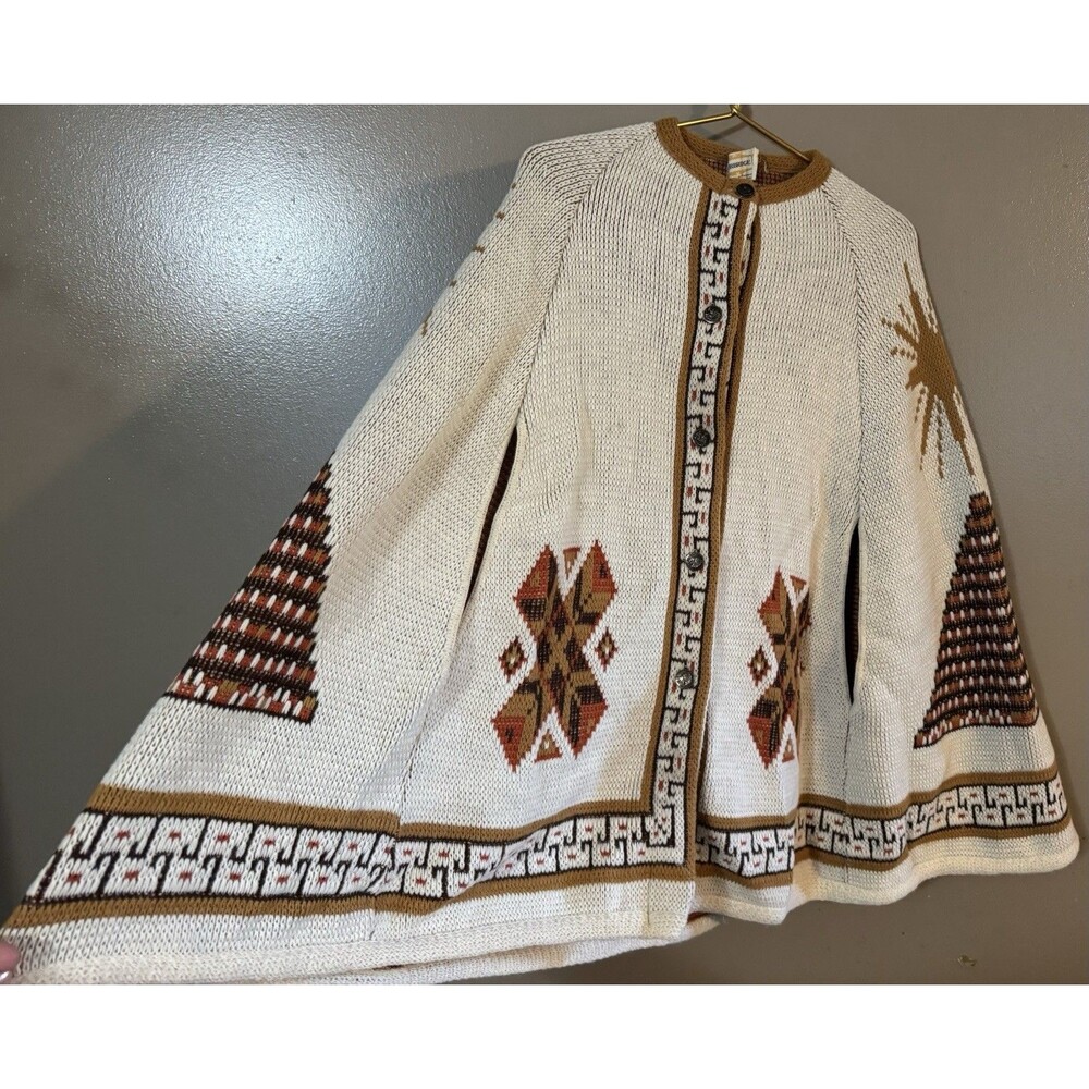 SouthWestern Boho Coat -70s Sturbridge Tribal Aztec knit Cape Poncho/ sweater